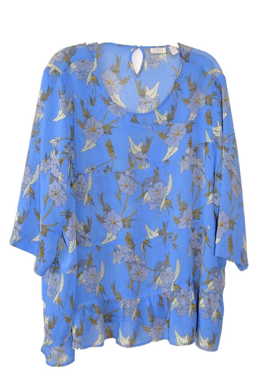 LOGO Lori Goldstein Blue Floral Chiffon Tiered 3/4 Sleeve Blouse 2X
